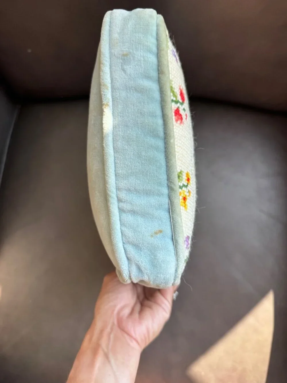 Vintage Needlepoint Pillow With Floral Design & Blue Velvet Backing 11